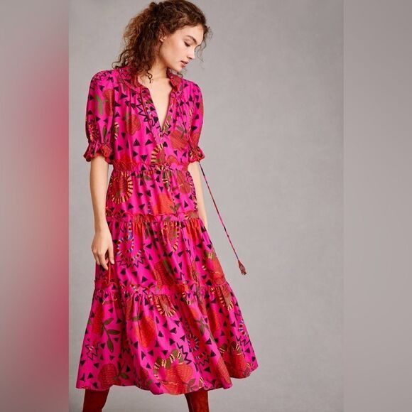 NWT Farm Rio Anthropologie Tiered Midi Dress in Pink - Picture 4 of 11